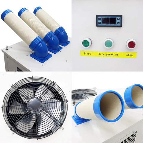 Crush The Heat Industrial Air Conditioner Dropping 28900 BTU with adjustable ducts and control panel for cooling needs.
