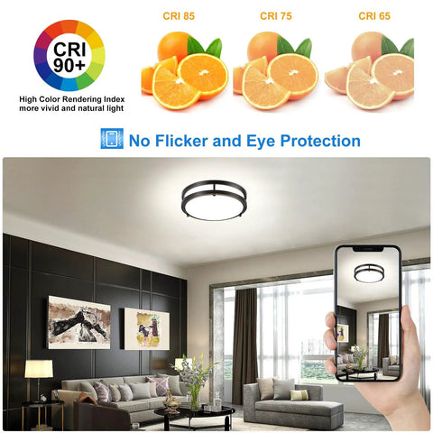 Modern living room with 65W Dimmable LED Flush Mount Ceiling Light With Remote, showcasing high CRI and no flicker feature.