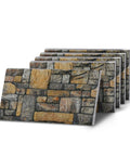 Super Lightweight Peel And Stick Faux Stone Wall Cladding showing five panels with realistic golden grey stone textures.