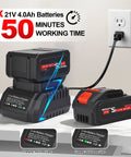 Cordless Leaf Blower With 2x 4.0Ah Batteries And Charger showing dual charging setup