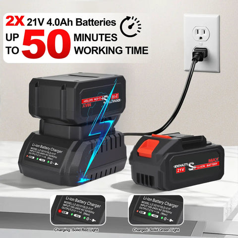 Cordless Leaf Blower With 2x 4.0Ah Batteries And Charger showing dual charging setup