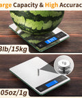 Pro Grade Digital Kitchen Scale With 33 Pound Capacity, Stainless Steel and Tempered Glass Surface, showing large capacity and precision