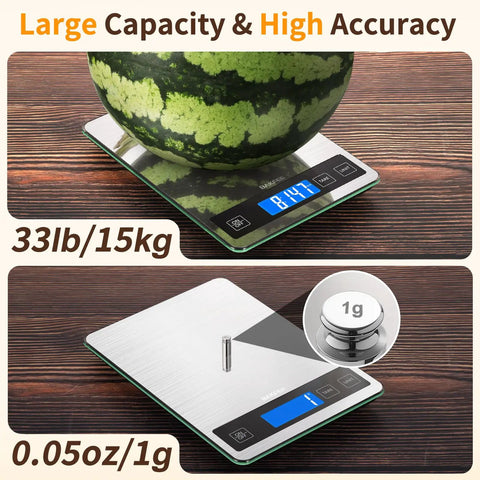 Pro Grade Digital Kitchen Scale With 33 Pound Capacity, Stainless Steel and Tempered Glass Surface, showing large capacity and precision