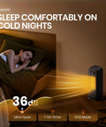 Smart Indoor Space Heater With Wi Fi And Voice Control 1500W Portable Electric Heater next to sleeping person in bedroom