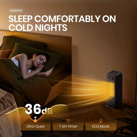 Smart Indoor Space Heater With Wi Fi And Voice Control 1500W Portable Electric Heater next to sleeping person in bedroom