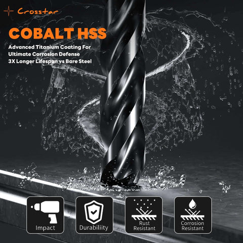 Crosstar cobalt HSS drill bit set, 21pc TiAlN-coated (M35), three-flute, 1/16–1/2 in bits for hardened metal & stainless steel