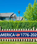 Oversized 120 By 20 Inch Patriotic Anniversary Banner 250th Celebration America 1776 2026 US Birthday Pride Outdoor Lawn Decor displayed on fence