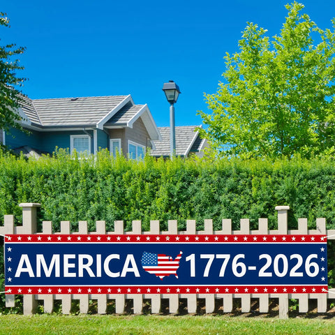 Oversized 120 By 20 Inch Patriotic Anniversary Banner 250th Celebration America 1776 2026 US Birthday Pride Outdoor Lawn Decor displayed on fence