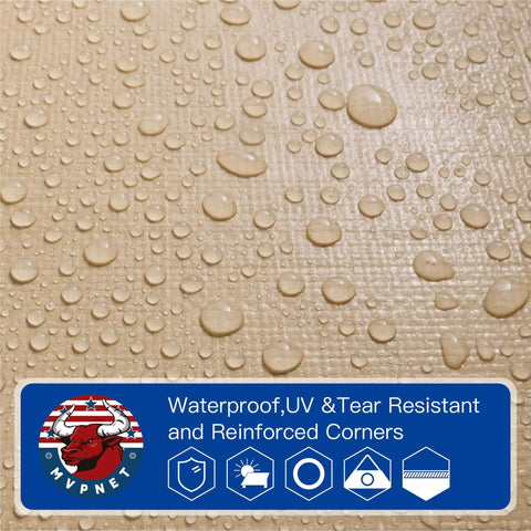 Beige 6x8 Heavy Duty Waterproof Tarp 12.5 Mil Ultra Tough Tear Resistant Poly Cover shown with water droplets on surface.