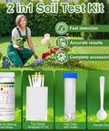 Image of 2-In-1 pH and Nitrogen Soil Test Kit With Strips For Lawn, Garden, Grass, Flowers and Vegetables, showing components and gardener.