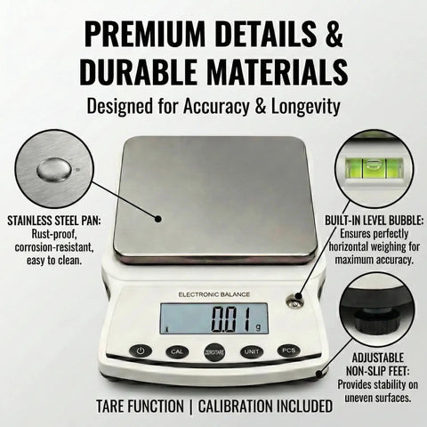 Top Notch 5000G Lab Scale With 0.01G Readability And Calibration Weights, digital analytical balance details and features.