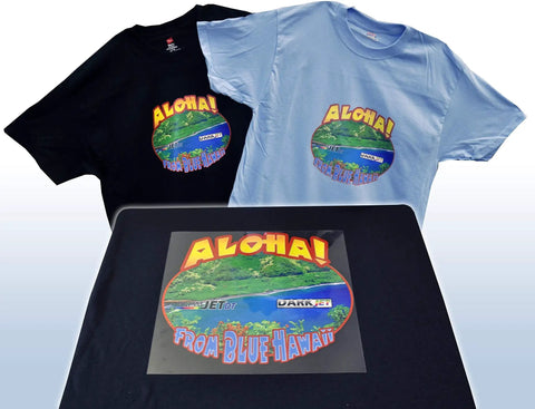 Printed t-shirts with Aloha design using Clear Transfer Tape For Heat Transfer Vinyl High Tack Mask For Printable HTV And Patterned Films DIY Friendly Adhesive For Large And Small Projects Heat Press Ready Reusable Up To Five Times 12 Inch By 50 Feet.