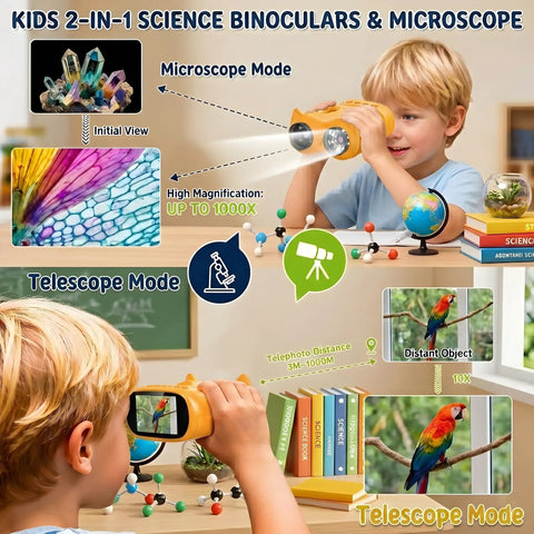 2 In 1 Kids Microscope And Telescope With 1000X Magnification Handheld Digital Microscope With 2 Inch Screen And 8 LED Lights Totally Kid Approved For Outdoor Use 10X Pocket Telescope 1080P Camera STEM Toy Gift For Boys And Girls Ages 4 To 12 Yellow, child using yellow device