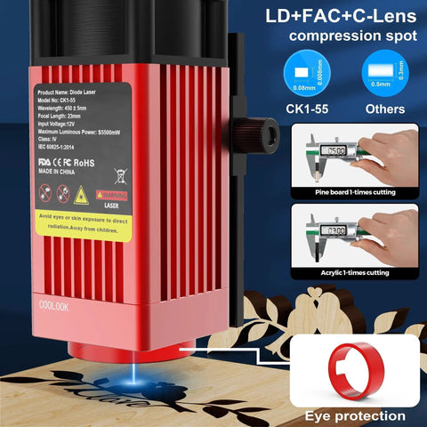 Close-up of Beast 5.5W Laser Engraver With 300x300mm Work Area High Precision Cutter engraving wood with caliper measurements