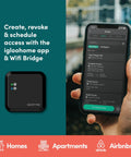 Smart Deadbolt Go And WiFi Bridge Bundle With Fingerprint Access Remote Unlock Through Mobile App And Alexa shown with app interface