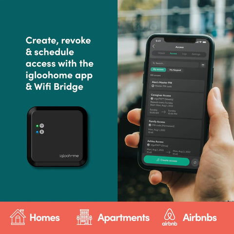 Smart Deadbolt Go And WiFi Bridge Bundle With Fingerprint Access Remote Unlock Through Mobile App And Alexa shown with app interface