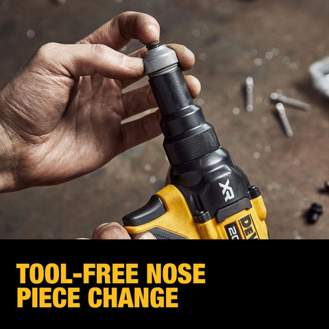 Dewalt 20V Max Xr Cordless Rivet Tool Dcf403B Bare Unit With Brushless Motor For Fast Stainless Steel Rivets Up To 800 Per Charge Tool Free Nose Change shown in hand during piece change.