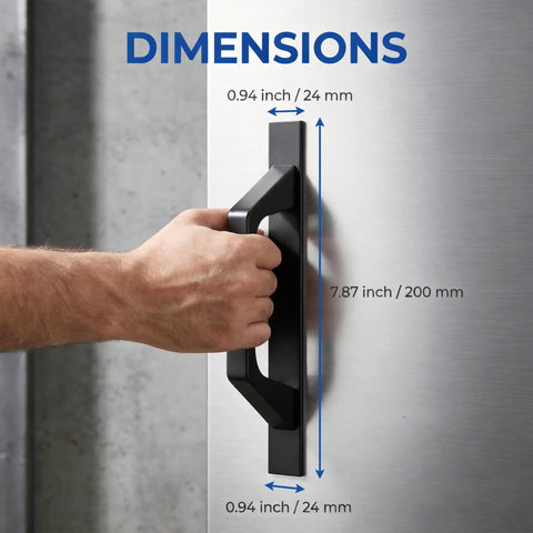 Hand holding Two Pack Self Stick Cabinet Handles Matte Black Aluminum Alloy No Drill Adhesive Drawer Pull, dimensions shown.
