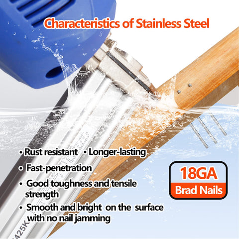 Close-up of 18 Gauge Brad Nails 304 Stainless Steel Three Quarter Inch 1000 Pack for Pneumatic and Electric Brad Nailer in action
