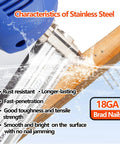 Built Like A Brick Premium 304 Stainless Steel Brad Nails 18 Gauge Rust Resistant Fasteners for Heavy Duty Carpentry, close-up of fastener in wood.