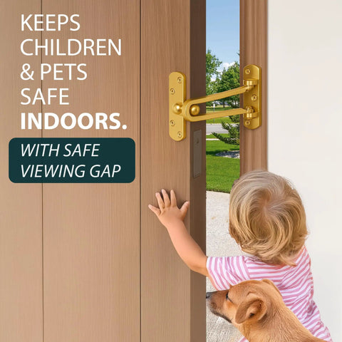 Tough Gold Swing Bar Door Lock For Swing In Doors Childproof Safety Latch mounted on a door, ensuring kids stay indoors.