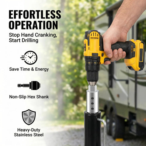 Heavy Duty Trailer Jack Drill Adapter Kit Compatible With 1 Inch Drive Shafts includes non-slip hex shank and stainless steel design.