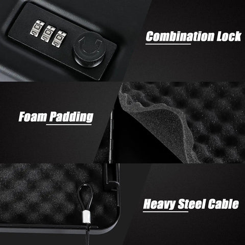 Features of Portable Pistol Safe With Combination Lock For Nightstand Travel Home Car Truck, showing lock, foam, and steel cable.