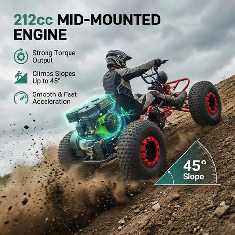 Man riding 212cc Gas Powered Off Road Go Kart With CVT Drive And 420 Chain on 45° slope