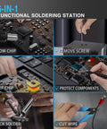 6-in-1 functions of Hot Air Rework Station 110V SMD Soldering Kit with Heat Gun showing soldering and electronic repair tasks