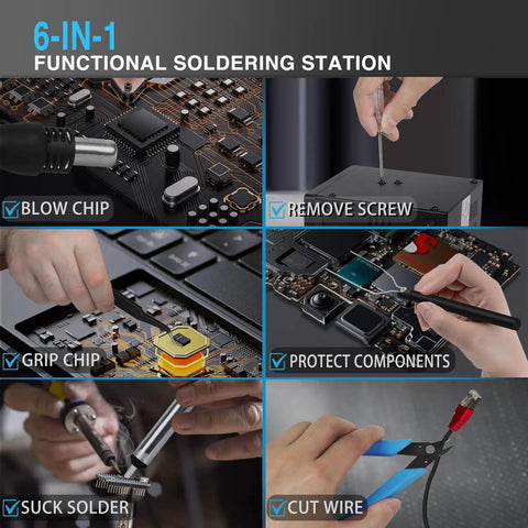 6-in-1 functions of Hot Air Rework Station 110V SMD Soldering Kit with Heat Gun showing soldering and electronic repair tasks