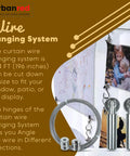 Adjustable Indoor Outdoor Wire Curtain Rod System With 16.4 Ft Reach And 24 Clips, shown displaying art and photos.