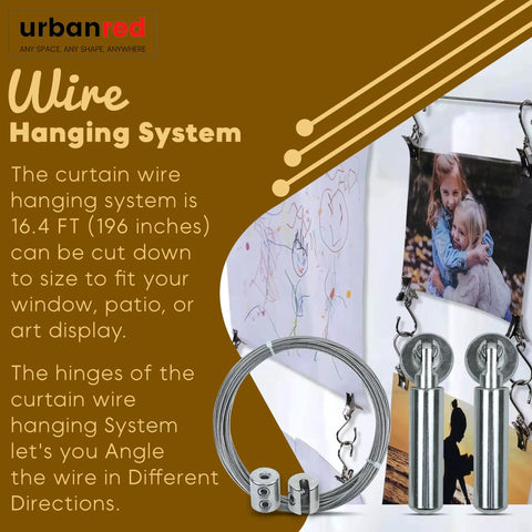 Adjustable Indoor Outdoor Wire Curtain Rod System With 16.4 Ft Reach And 24 Clips, shown displaying art and photos.