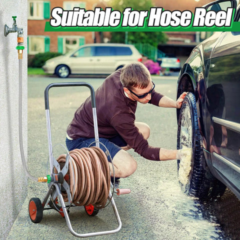 Man cleaning car with 3Ft Short Garden Hose With Double Female Connectors For Quick Hose Reel Setup, stainless steel hose.
