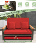 Patio Rattan Daybed With Four Level Adjustable Backrest And Handy Storage Ottoman Outdoor Wicker Loveseat With Acacia Wood Armrests Folding Tray Double Sunbed For Balcony Backyard Or Poolside Red