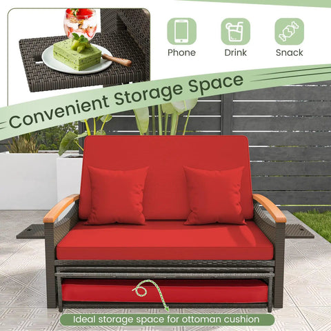 Patio Rattan Daybed With Four Level Adjustable Backrest And Handy Storage Ottoman Outdoor Wicker Loveseat With Acacia Wood Armrests Folding Tray Double Sunbed For Balcony Backyard Or Poolside Red
