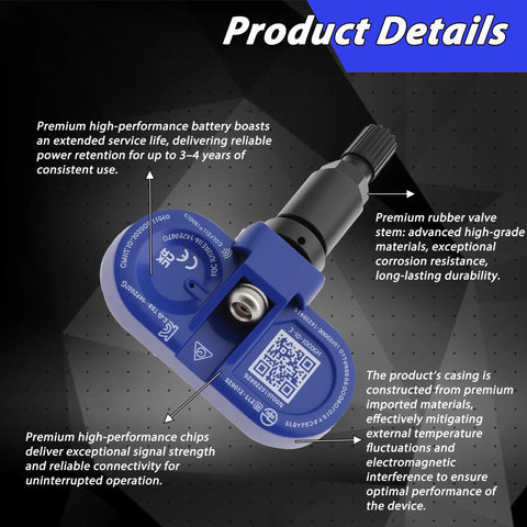 Close-up of Top Shelf Four Piece Bluetooth TPMS Sensor for Tesla Model 3 Y S X 2020 To 2025 showing premium battery and valve stem.
