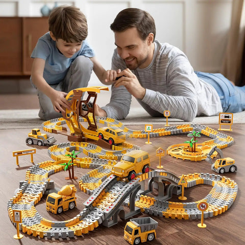 Father and son playing with Awesome Construction Race Track Playset With 299 Pieces Of Flexible Track System Includes Race Cars Mini Trucks A Bridge