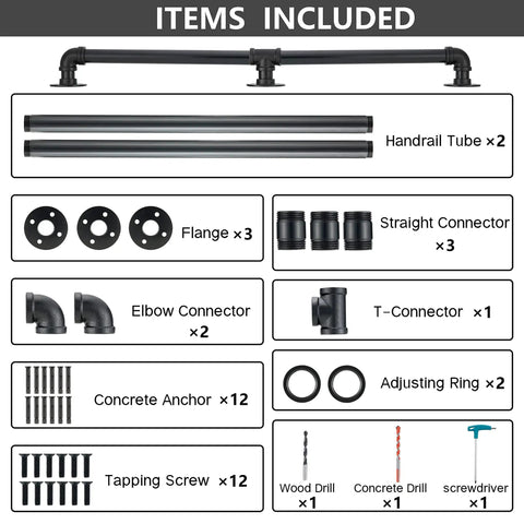 Heavy Duty 7 Ft Metal Industrial Pipe Stair Handrail In Glossy Black Finish with included assembly components