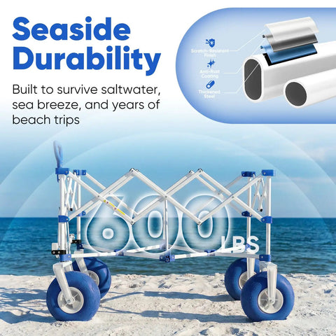 Heavy Duty Beach Wagon With 9 Inch Sand Proof Wheels, 600 Pound Capacity And 200 Liter Oversized Foldable Cart on beach