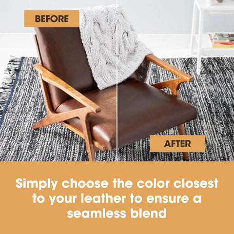Comparison of leather chair before and after using Leather Recoloring Balm Dark Brown Dye For Couches Furniture And Car Seats Scratch Remover And Fading Repair For Damaged Leather Restore Color And Shine With Easy Application