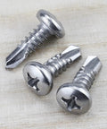 Rock Solid Size Twelve X Three Quarter Pan Head Self Drilling Screws Cut From Heavy Duty Stainless Steel With Phillips Drive in three sizes.