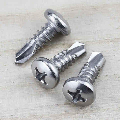 Rock Solid Size Twelve X Three Quarter Pan Head Self Drilling Screws Cut From Heavy Duty Stainless Steel With Phillips Drive in three sizes.
