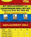 Workhorse Heavy Duty 16 Piece Parabolic Flute Drill Bit Set For Wood 9/64 inch tapered countersink bits display on packaging.