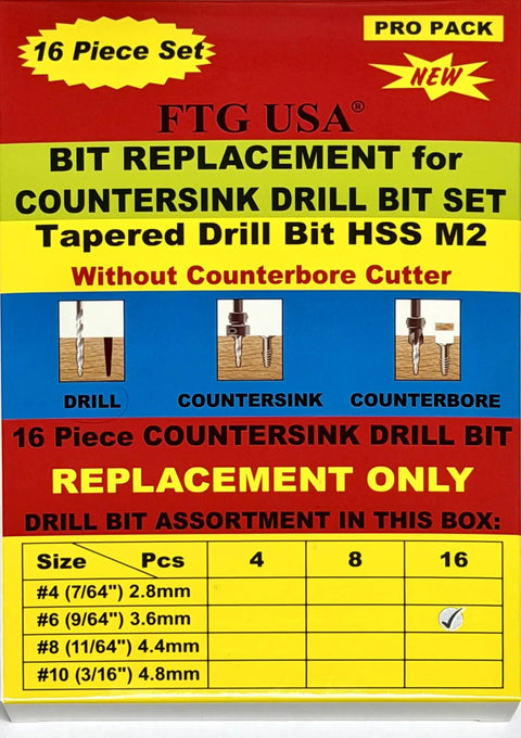 Workhorse Heavy Duty 16 Piece Parabolic Flute Drill Bit Set For Wood 9/64 inch tapered countersink bits display on packaging.