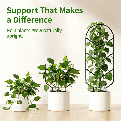 Heavy Duty 2 Pack 30 Inch Metal Plant Trellis For Climbing Plants in white pots with green vines, indoor plant support, room corner view.