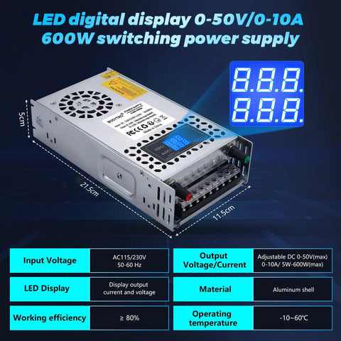 60V 600W Adjustable DC Power Supply With LED Digital Display Converts 110V Or 220V AC To 0 To 60V DC 10A Max Switching Converter For 3D Printers CCTV And Dimmable LED Projects With 5V 12V 24V 48V Buck Outputs, aluminum shell