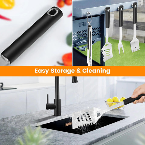Easy storage and cleaning of Grill Gear Set With 4-In-1 Spatula, Fork, Tongs And Brush, hanging and washing