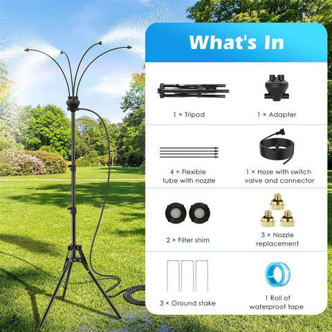 Outdoor Patio Misting System With 5.25 Ft Adjustable Stand And Four Nozzles, showing components like tripod, hoses, and adapter