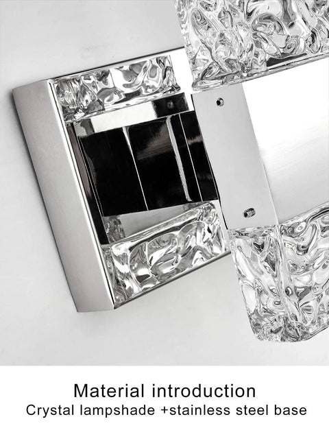 Close-up of crystal lampshade and stainless steel base, part of the Gold Wall Sconce Set Of Two LED Bathroom Vanity Lights With Bubble Crystal.