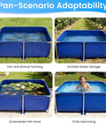 Foldable Canvas Fish Pond With Rustproof Stainless Steel Frame For Koi Prawns Fish And Lobster No Fuss Setup Portable Outdoor Aquarium For Stress Free Water Fun showcasing diverse uses: fish farming, water storage, ornamental pond, child swimming.